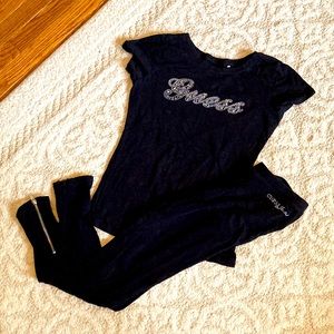 Guess black tee shirt with pull up leggings with ankle side zippers